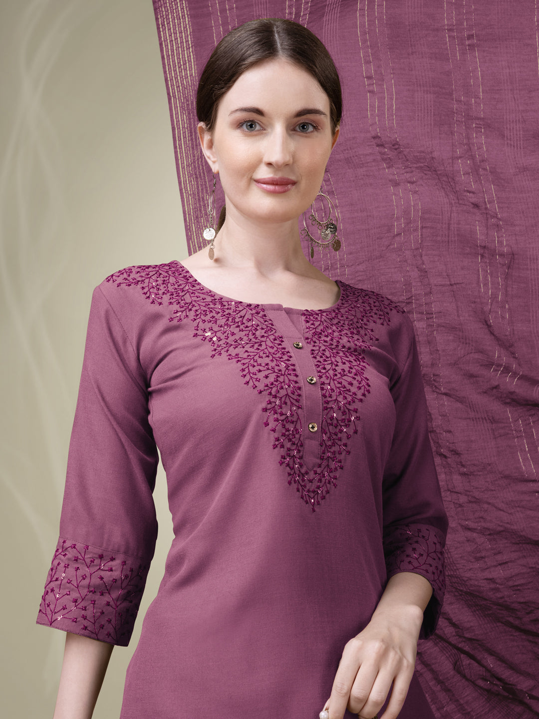 Wine Cotton Blend Kurta Set With Sequence Embroidery Work