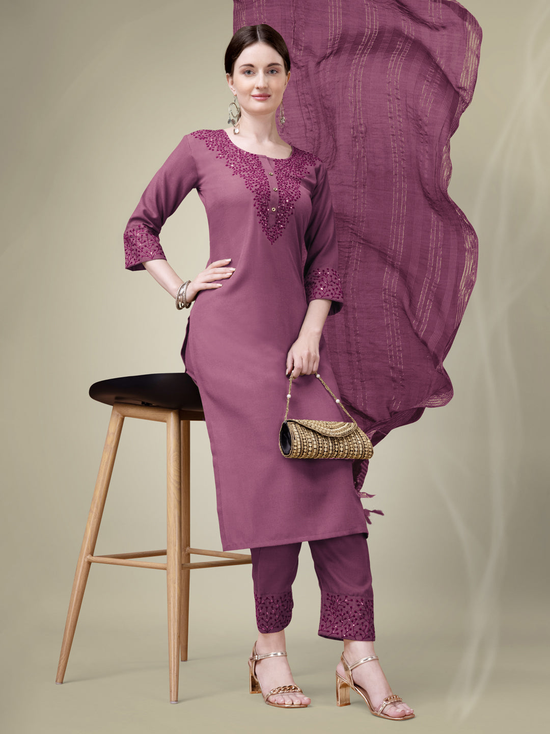 Wine Cotton Blend Kurta Set With Sequence Embroidery Work