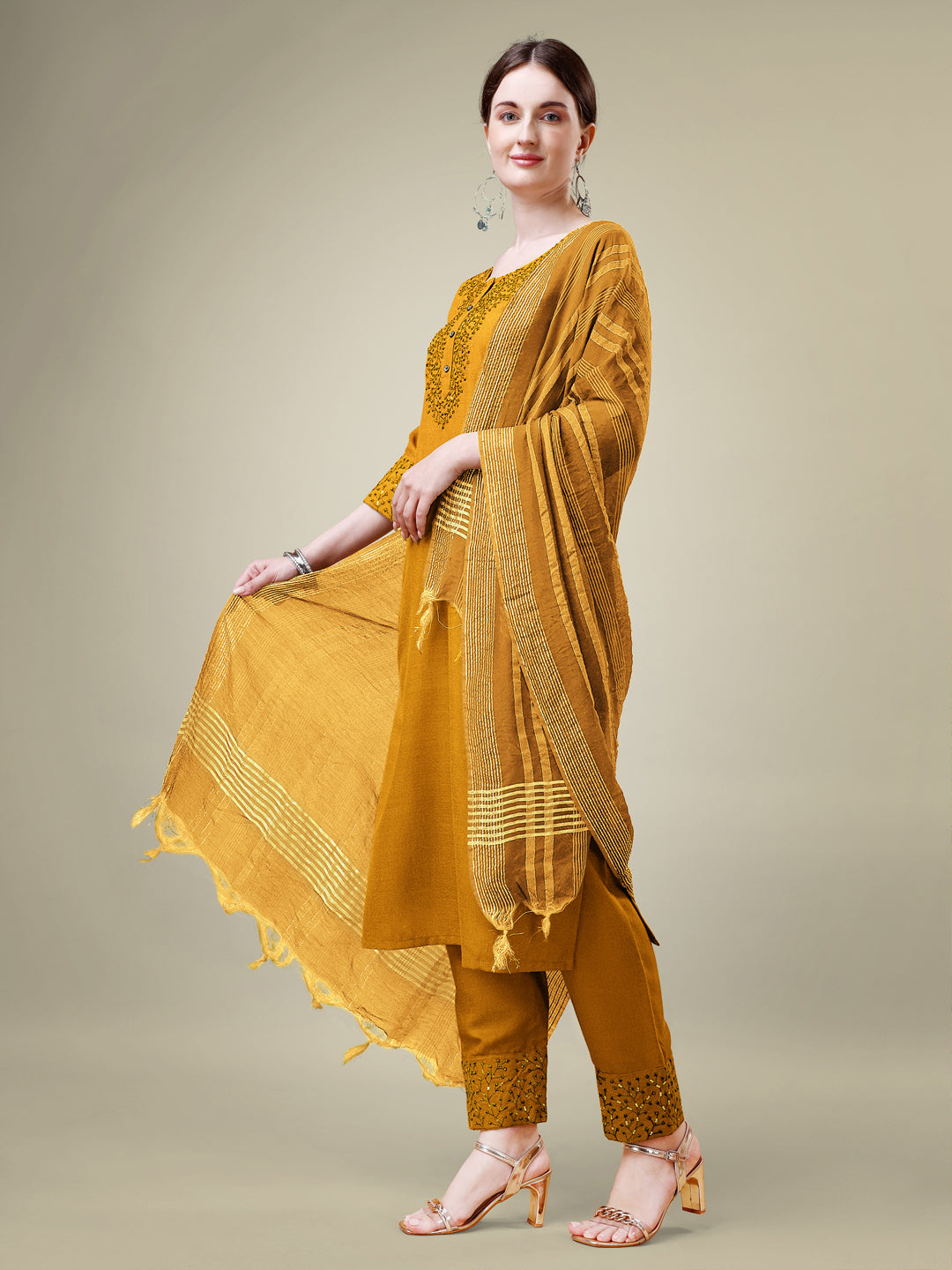 Yellow Cotton Blend Kurta Set With Sequence Embroidery Work