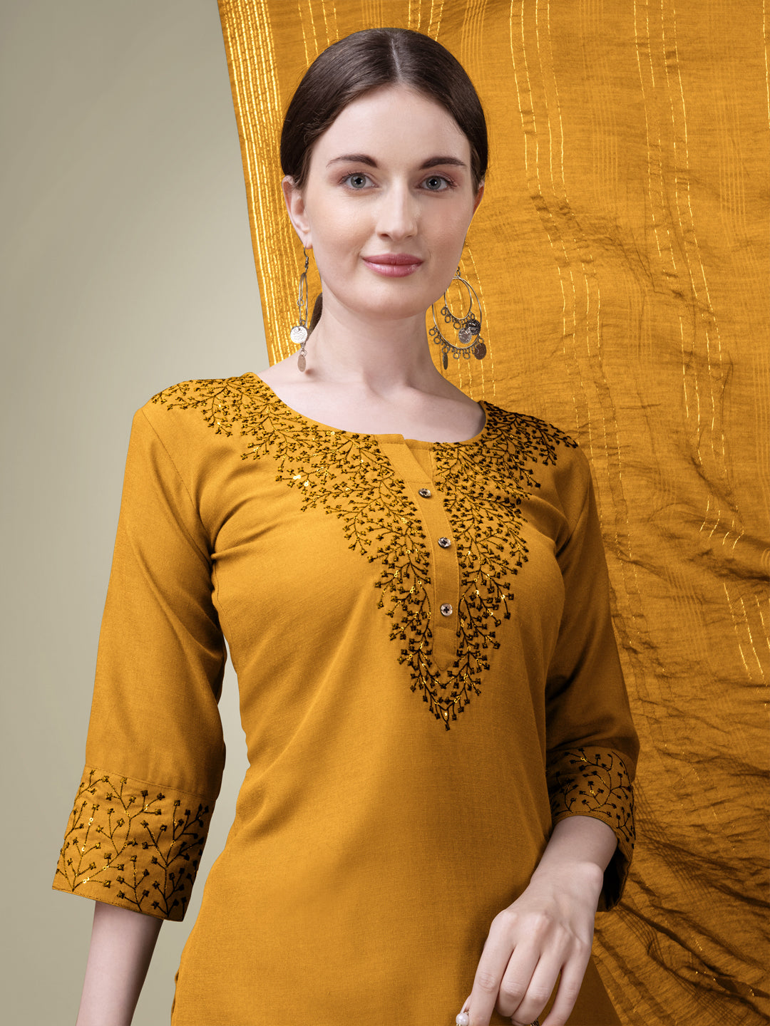 Yellow Cotton Blend Kurta Set With Sequence Embroidery Work