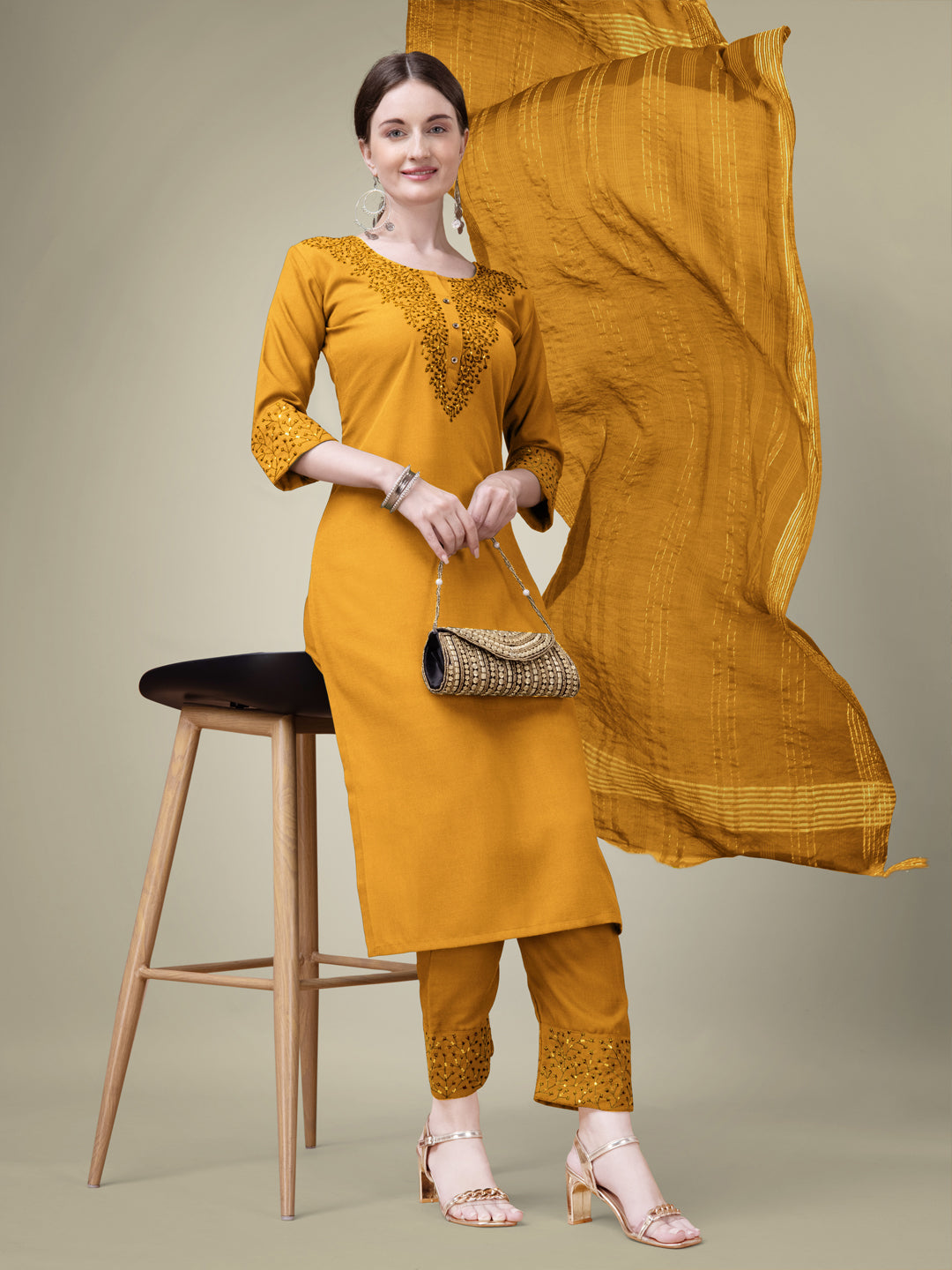 Yellow Cotton Blend Kurta Set With Sequence Embroidery Work