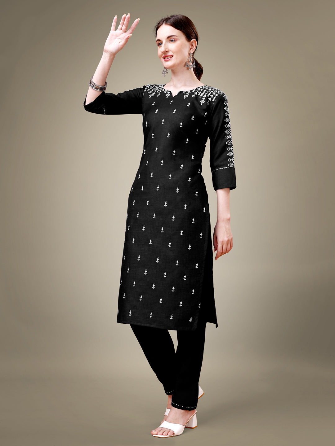 Black Cotton Blend Kurta Set With Embroidery & Sequence Work