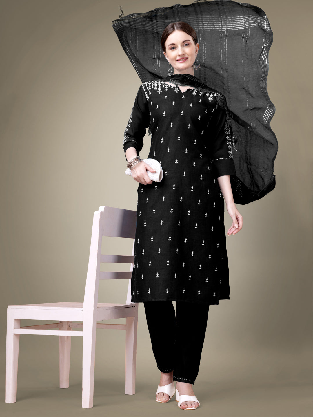 Black Cotton Blend Kurta Set With Sequence Embroidery Work