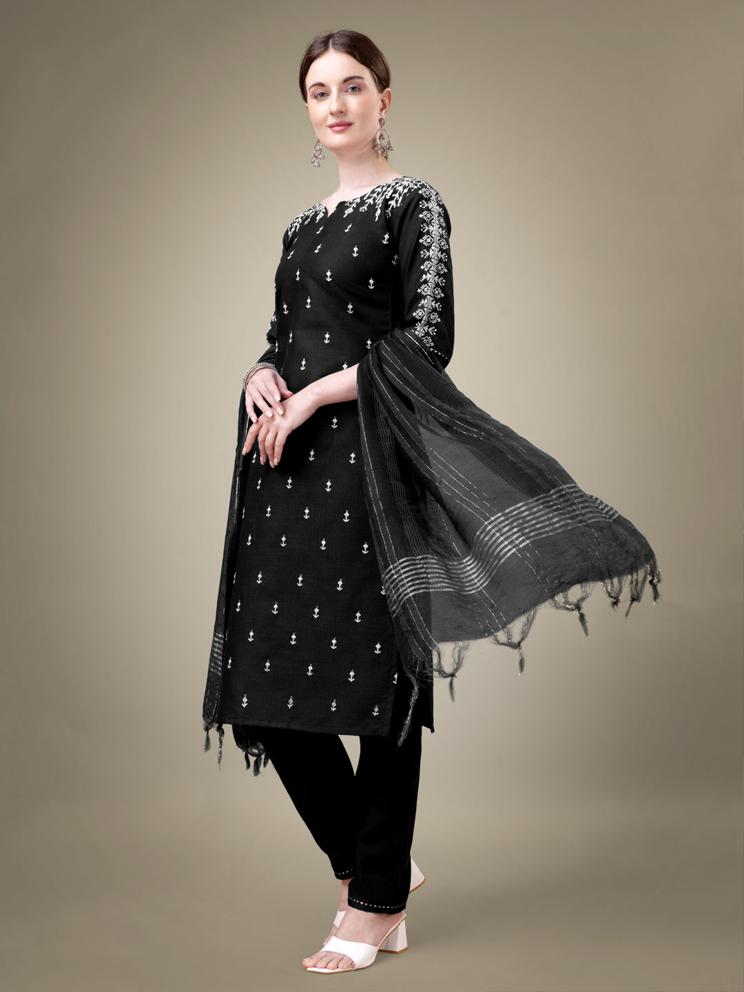Black Cotton Blend Kurta Set With Sequence Embroidery Work