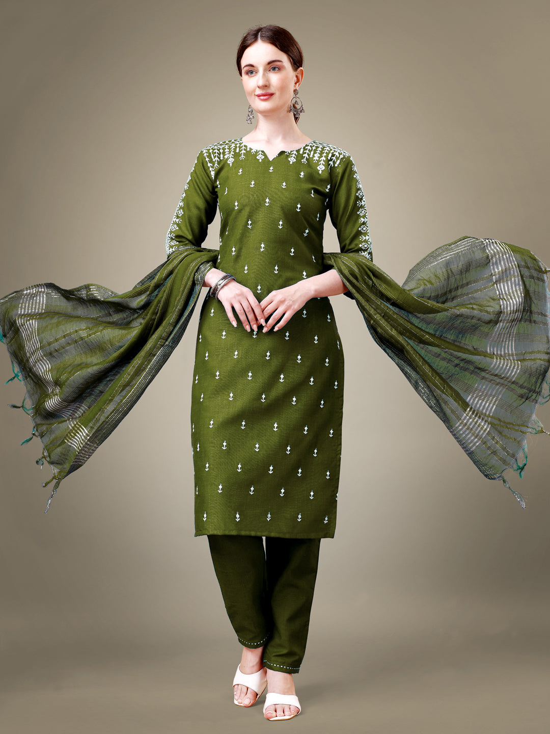 Mehendi Cotton Blend Kurta Set With Sequence Embroidery Work