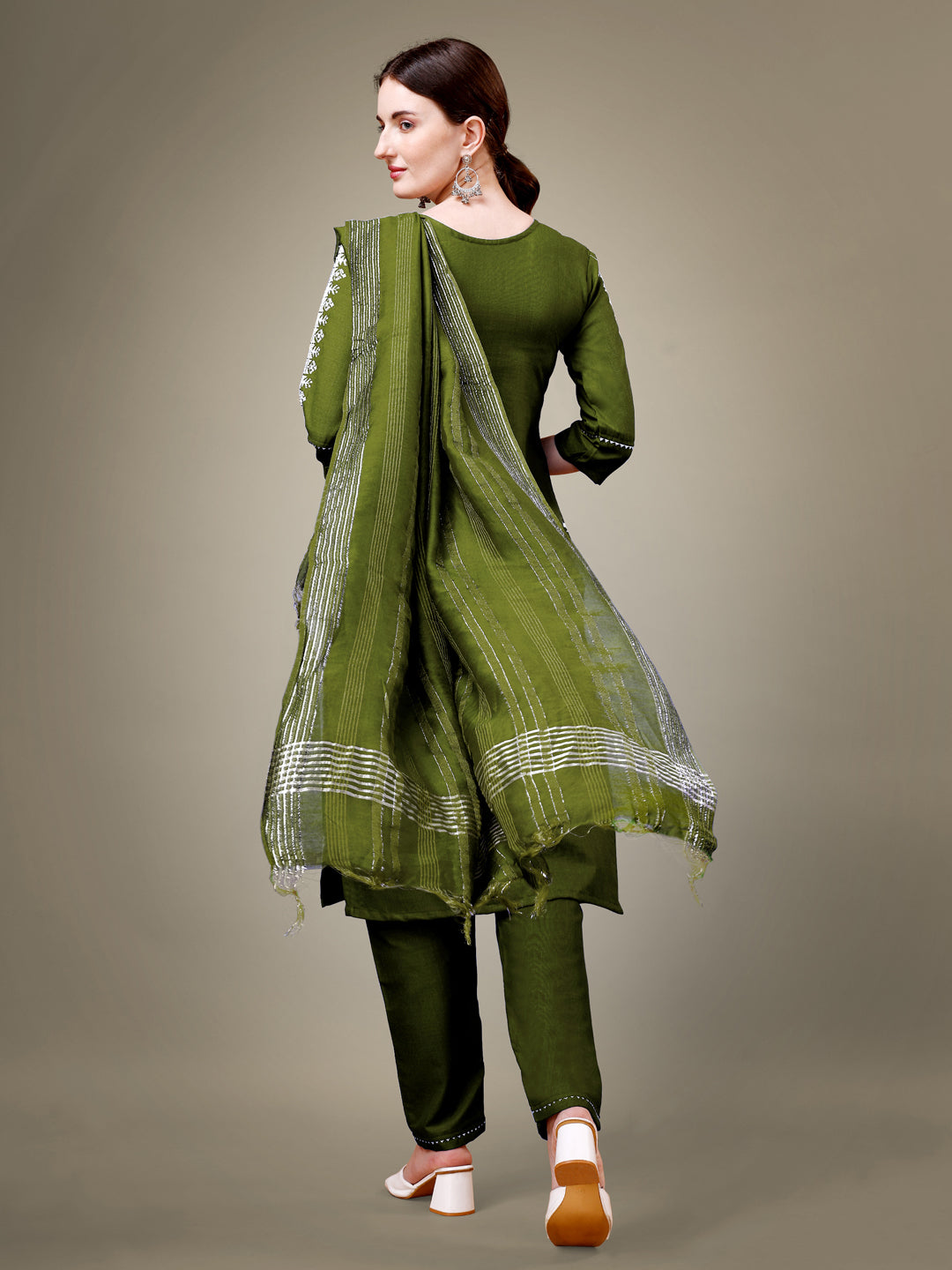 Mehendi Cotton Blend Kurta Set With Sequence Embroidery Work