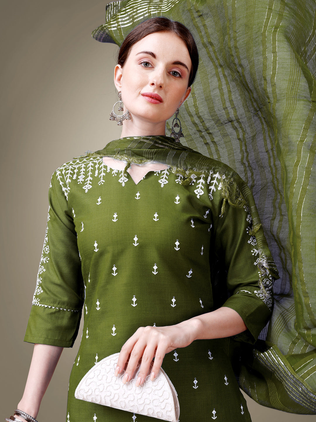 Mehendi Cotton Blend Kurta Set With Sequence Embroidery Work