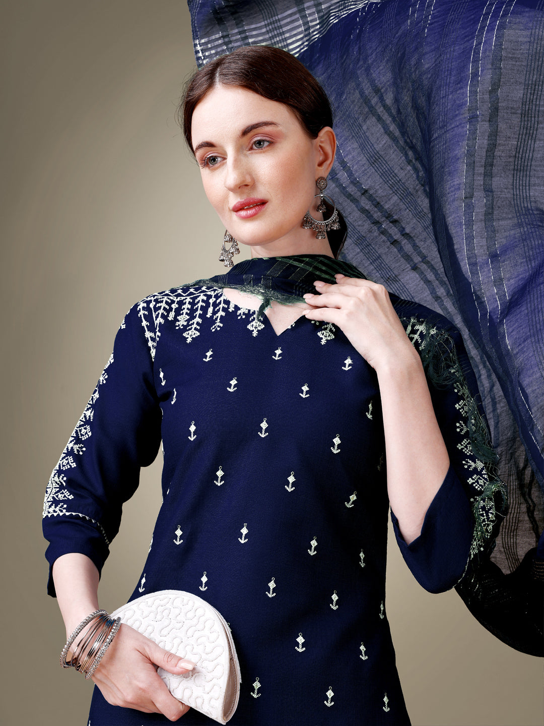 NavyBlue Cotton Blend Kurta Set With Sequence Embroidery Work