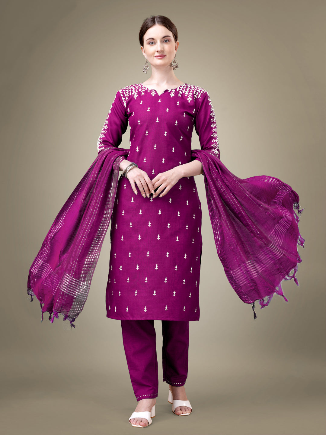Purple Cotton Blend Kurta Set With Sequence Embroidery Work