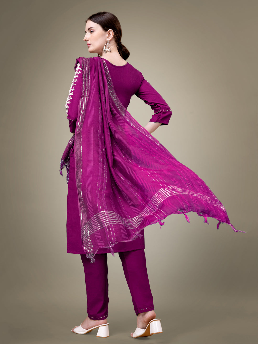 Purple Cotton Blend Kurta Set With Sequence Embroidery Work