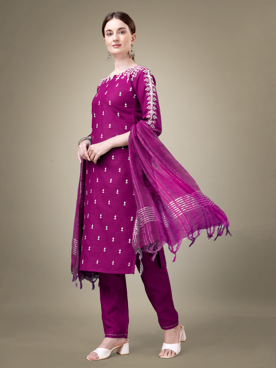 Purple Cotton Blend Kurta Set With Sequence Embroidery Work