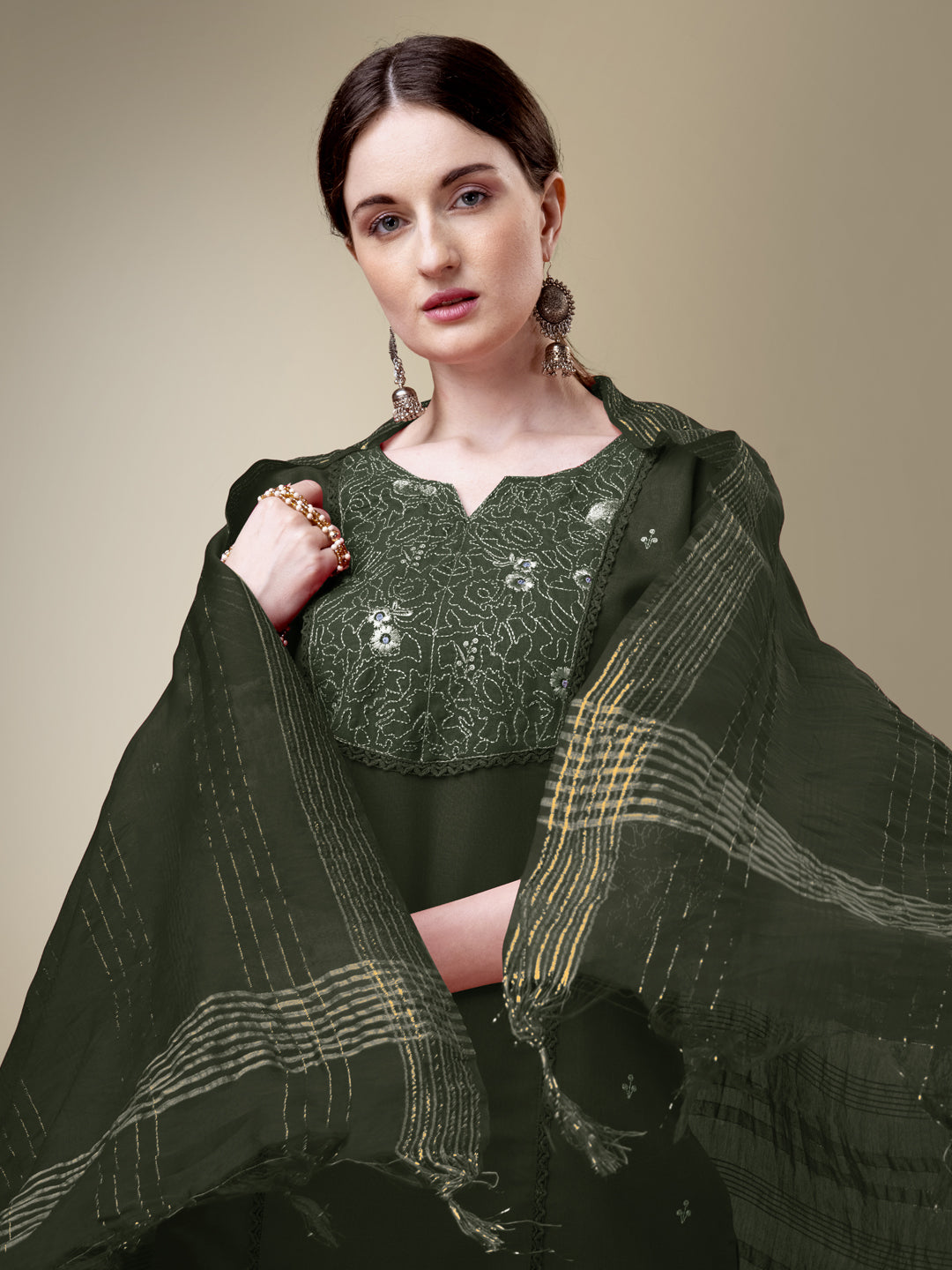 DarkGreen Cotton Blend Kurta Set With Embroidery & Fancy Lace Work