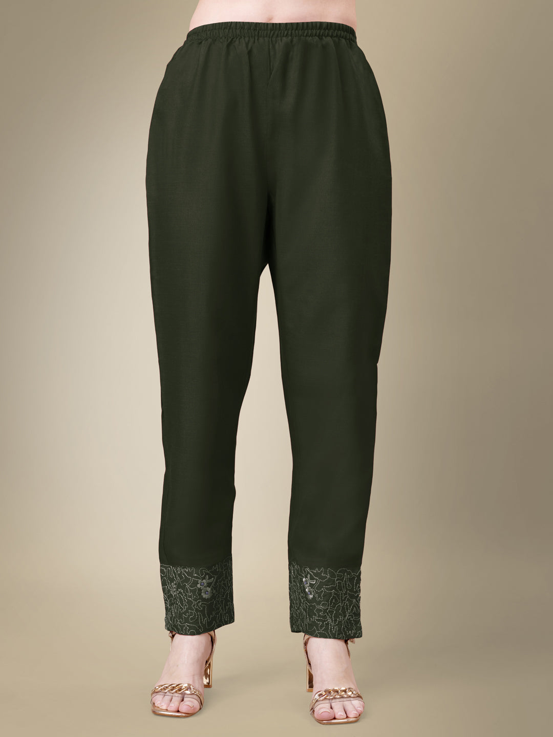 DarkGreen Cotton Blend Kurta Set With Embroidery & Fancy Lace Work