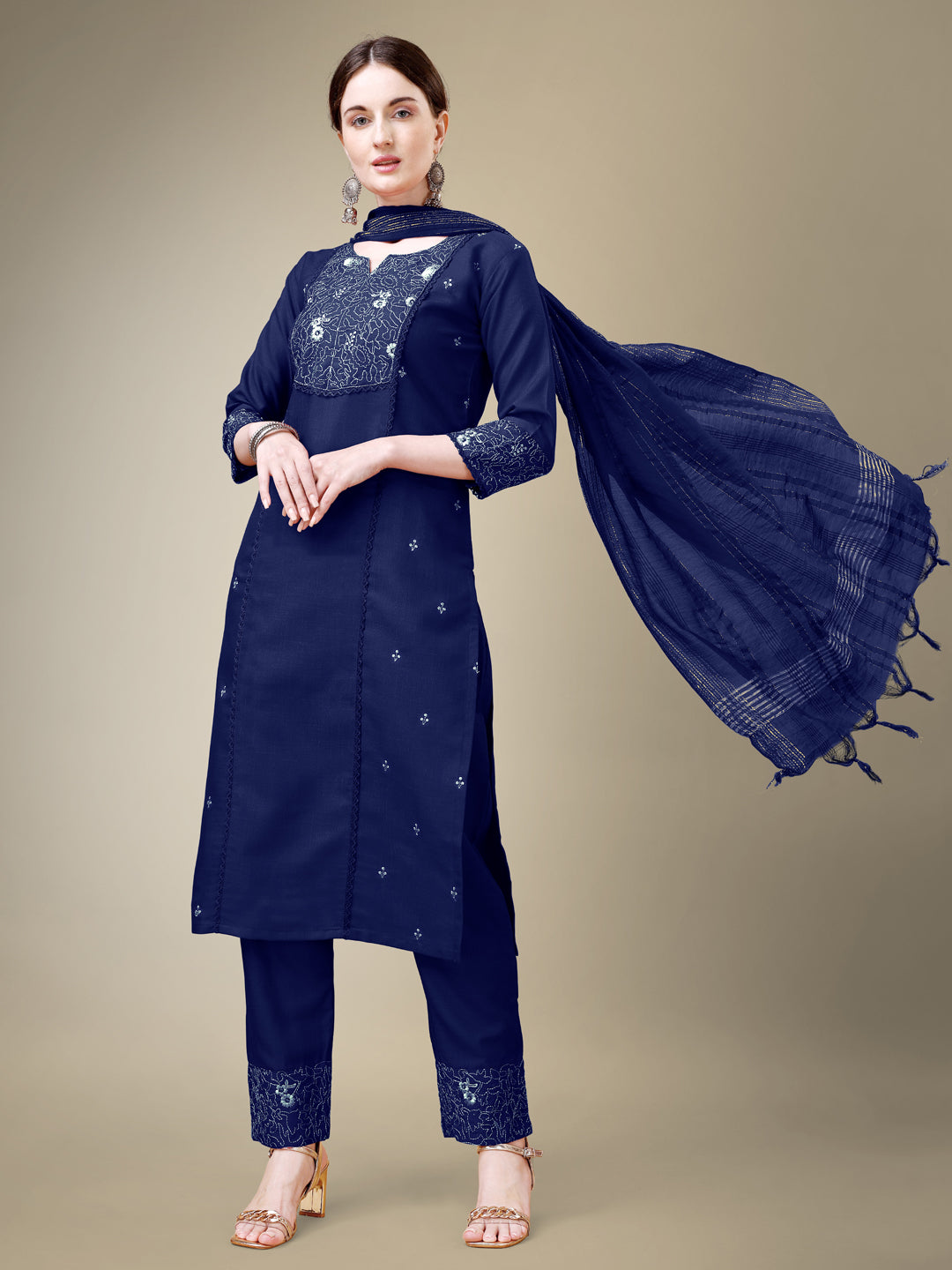 NavyBlue Cotton Blend Kurta Set With Embroidery & Fancy Lace Work