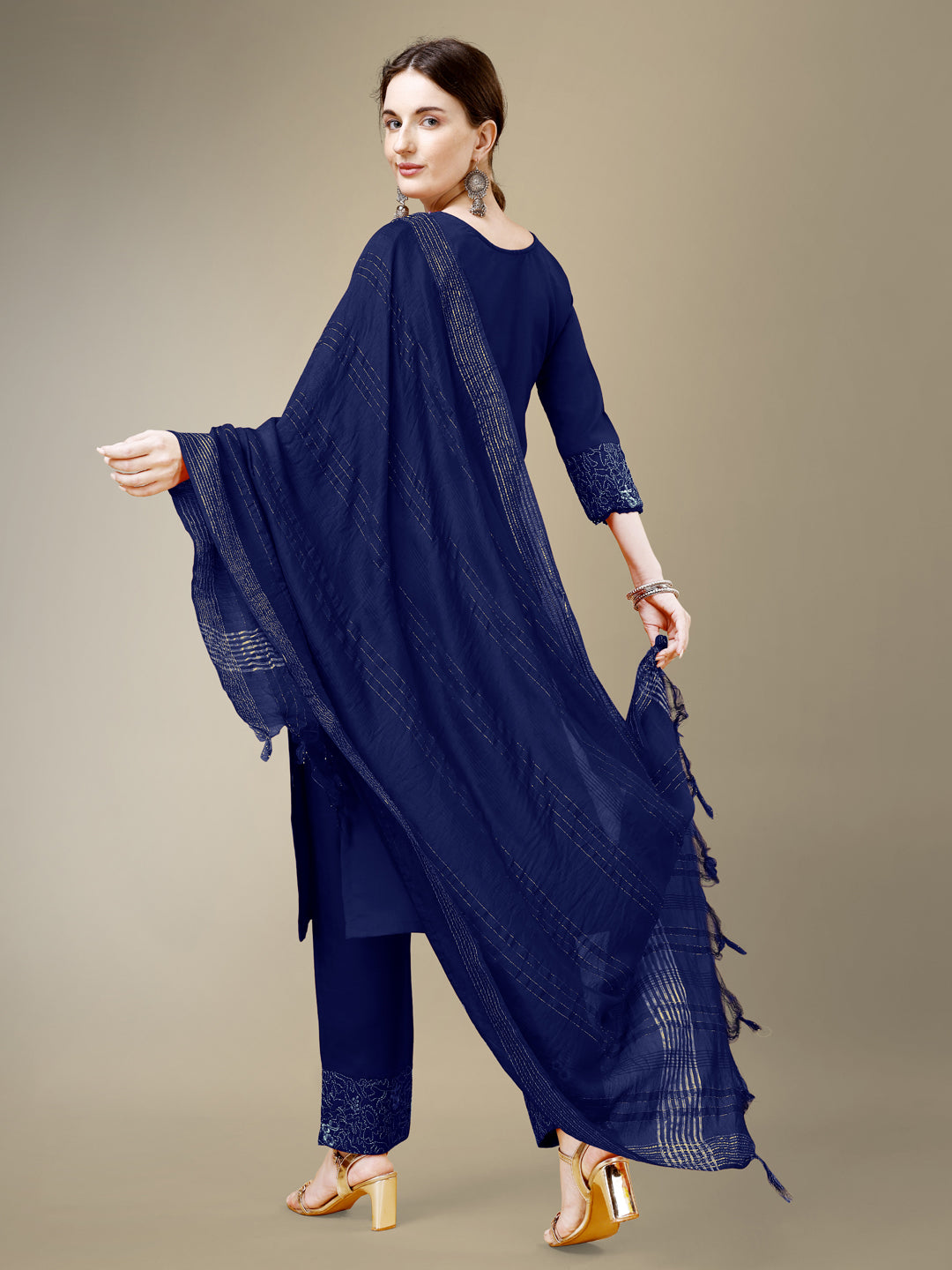 NavyBlue Cotton Blend Kurta Set With Embroidery & Fancy Lace Work