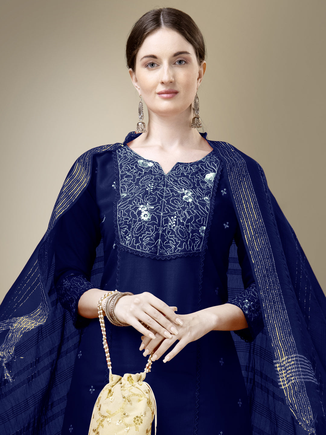 NavyBlue Cotton Blend Kurta Set With Embroidery & Fancy Lace Work