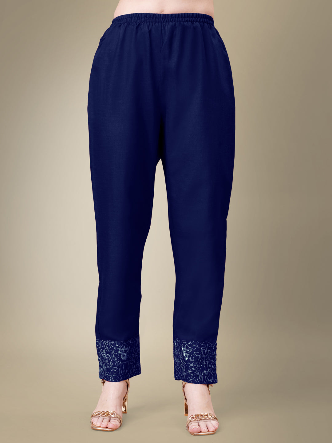NavyBlue Cotton Blend Kurta Set With Embroidery & Fancy Lace Work
