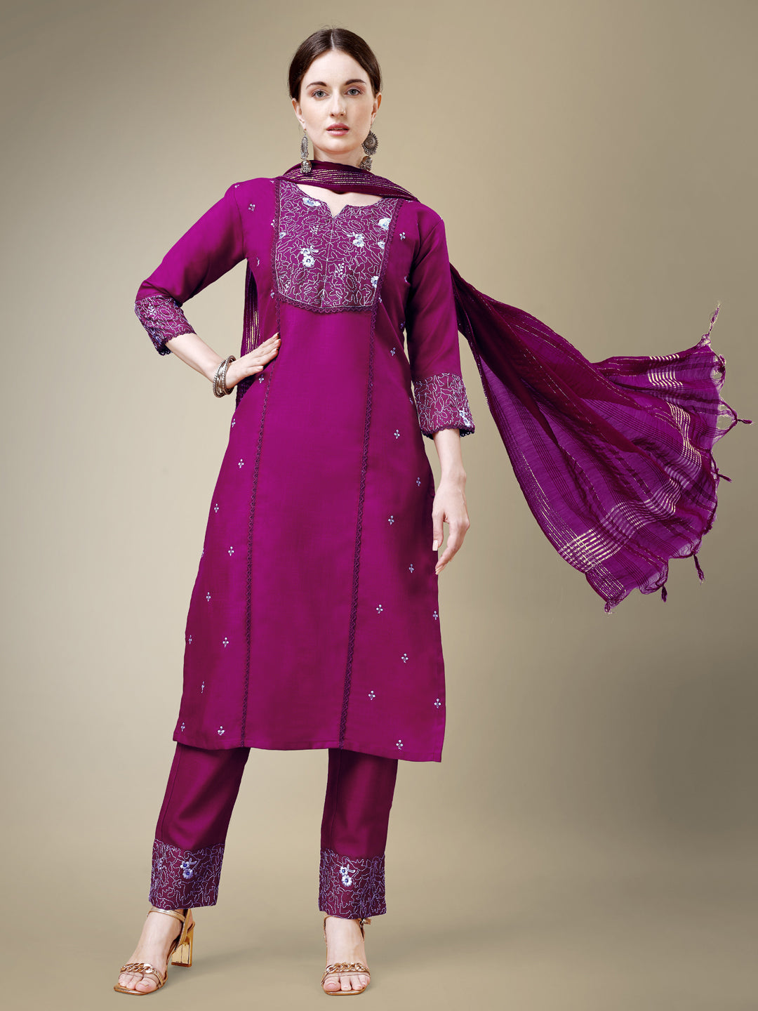 Purple Cotton Blend Kurta Set With Embroidery & Fancy Lace Work