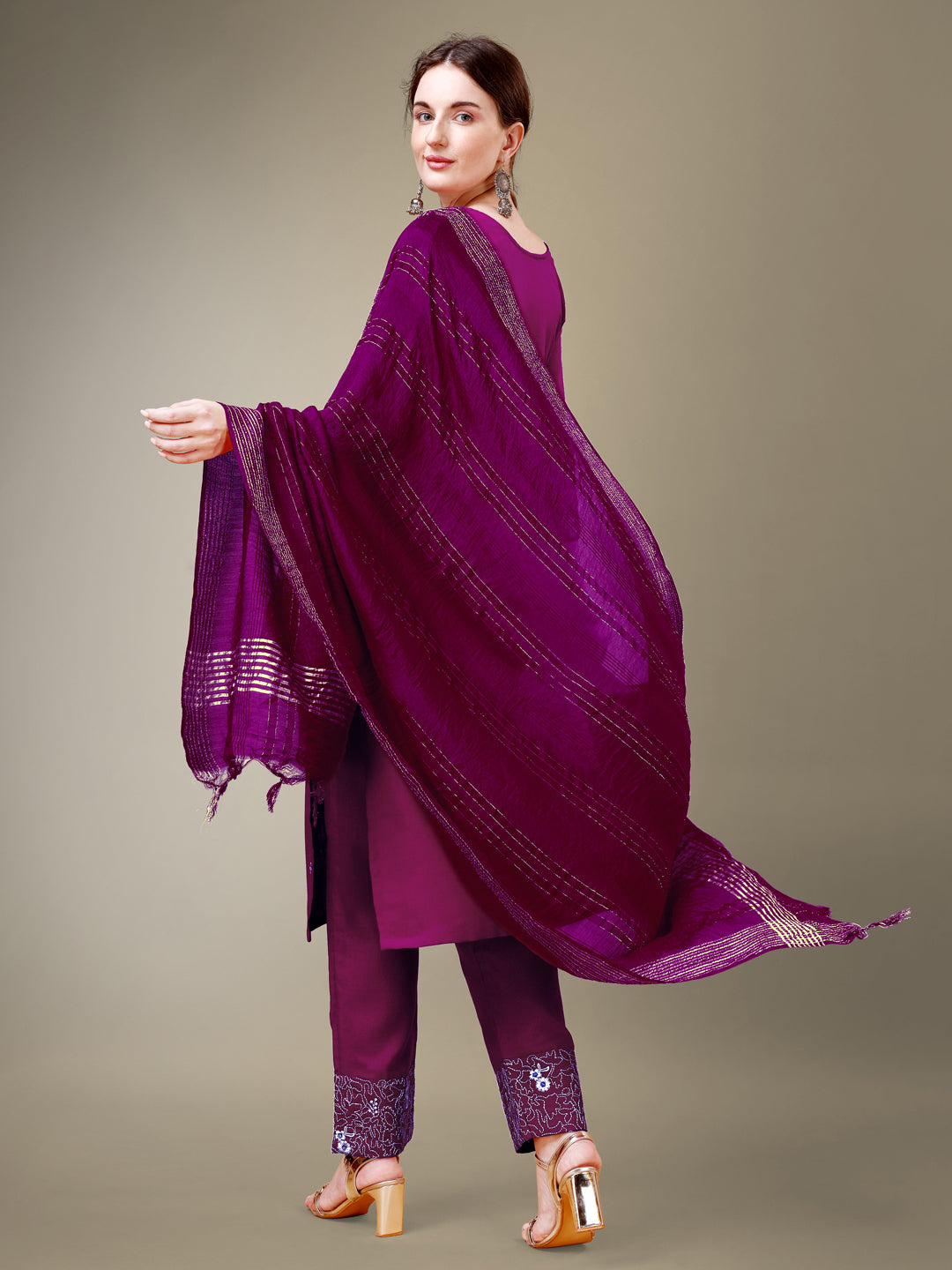 Purple Cotton Blend Kurta Set With Embroidery & Fancy Lace Work