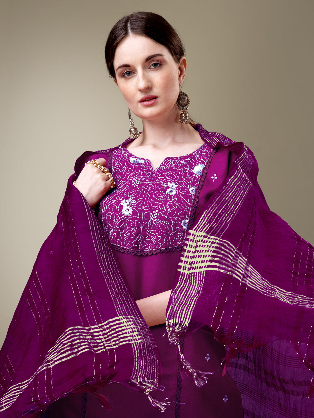Purple Cotton Blend Kurta Set With Embroidery & Fancy Lace Work
