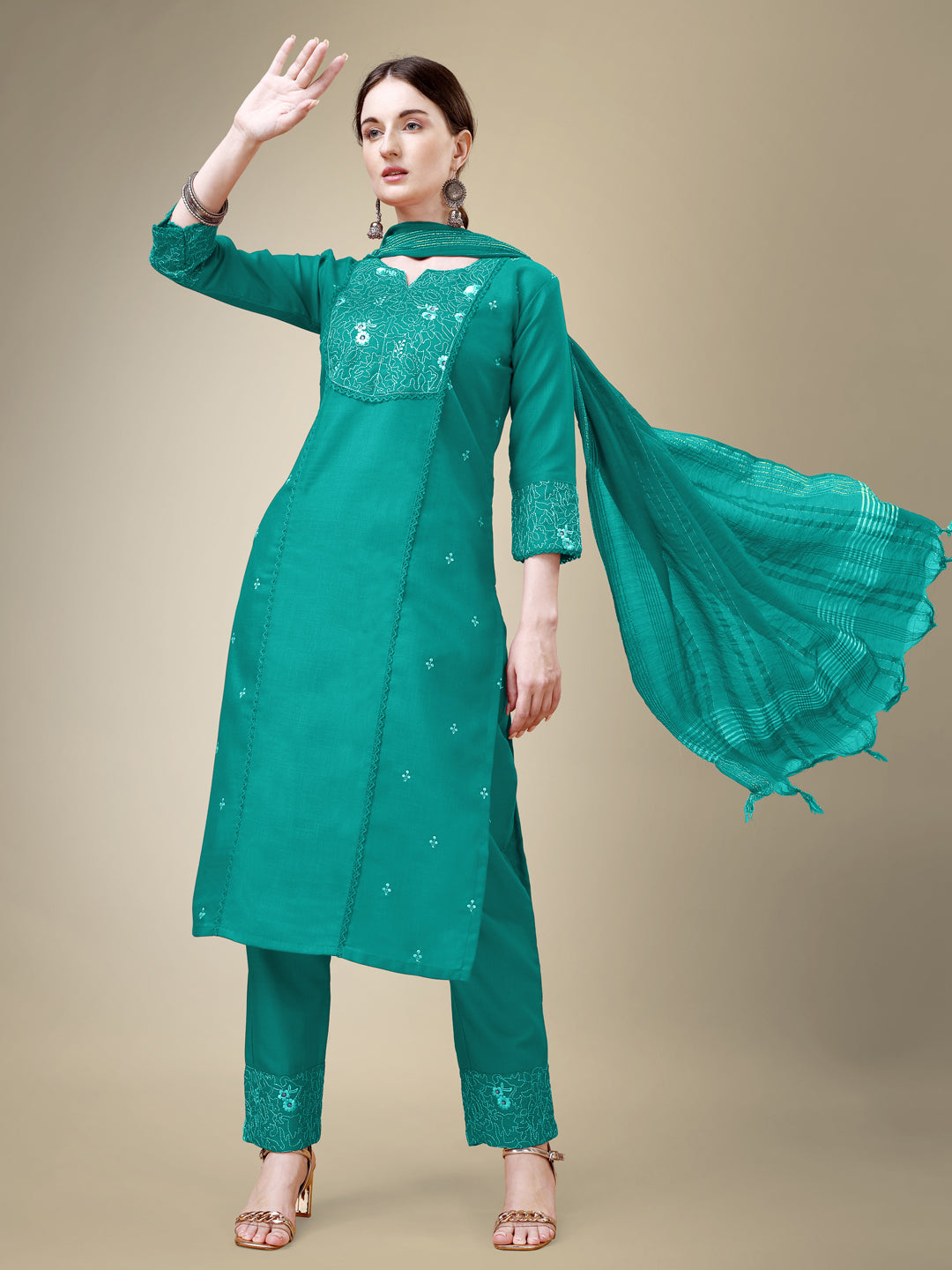 Rama Cotton Blend Kurta Set With Embroidery & Fancy Lace Work
