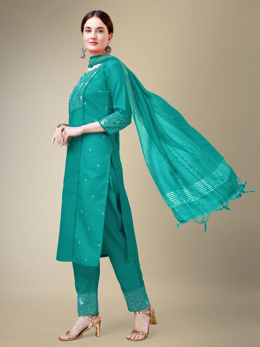 Rama Cotton Blend Kurta Set With Embroidery & Fancy Lace Work
