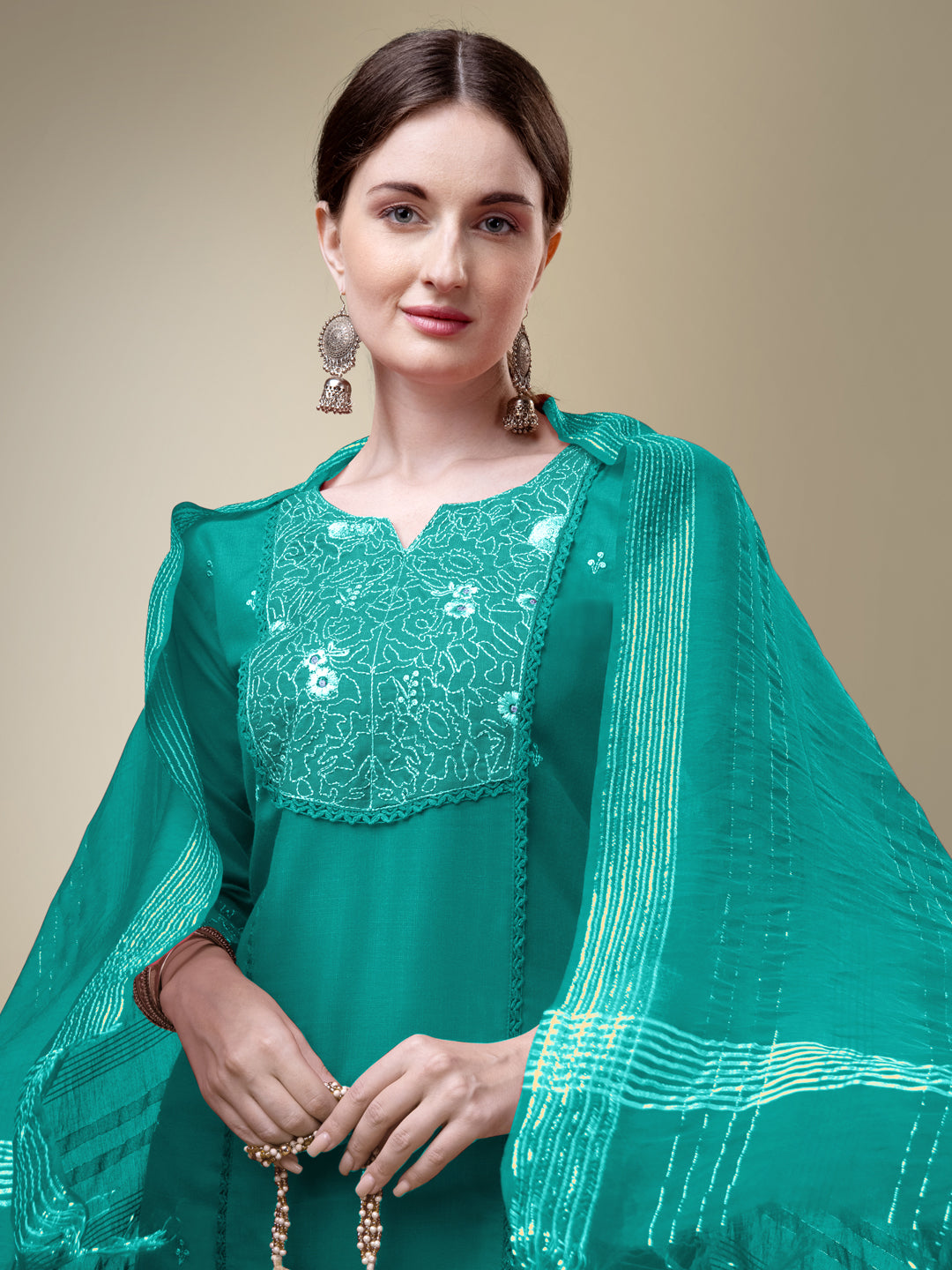 Rama Cotton Blend Kurta Set With Embroidery & Fancy Lace Work