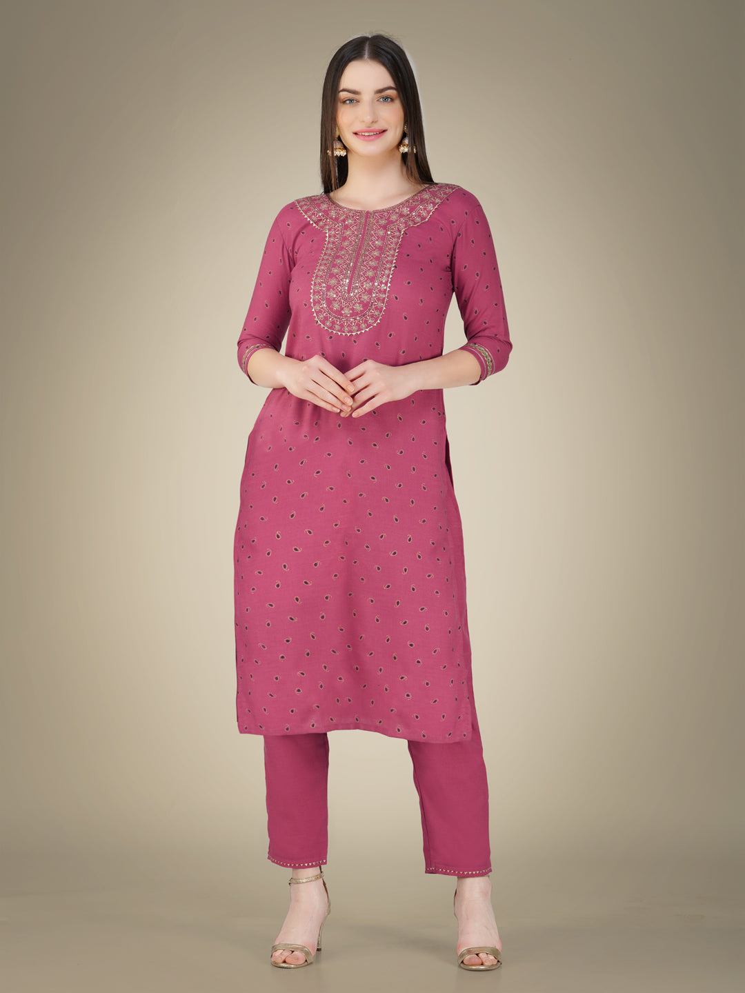 Wine Cotton Magic Slub Kurta Set With Embroidery & Sequence Work
