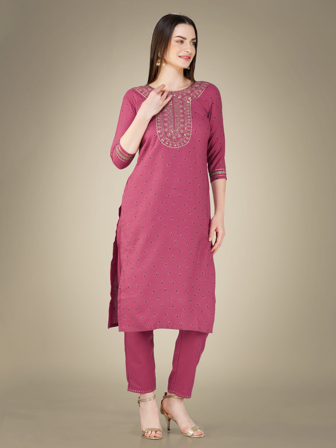 Wine Cotton Magic Slub Kurta Set With Embroidery & Sequence Work