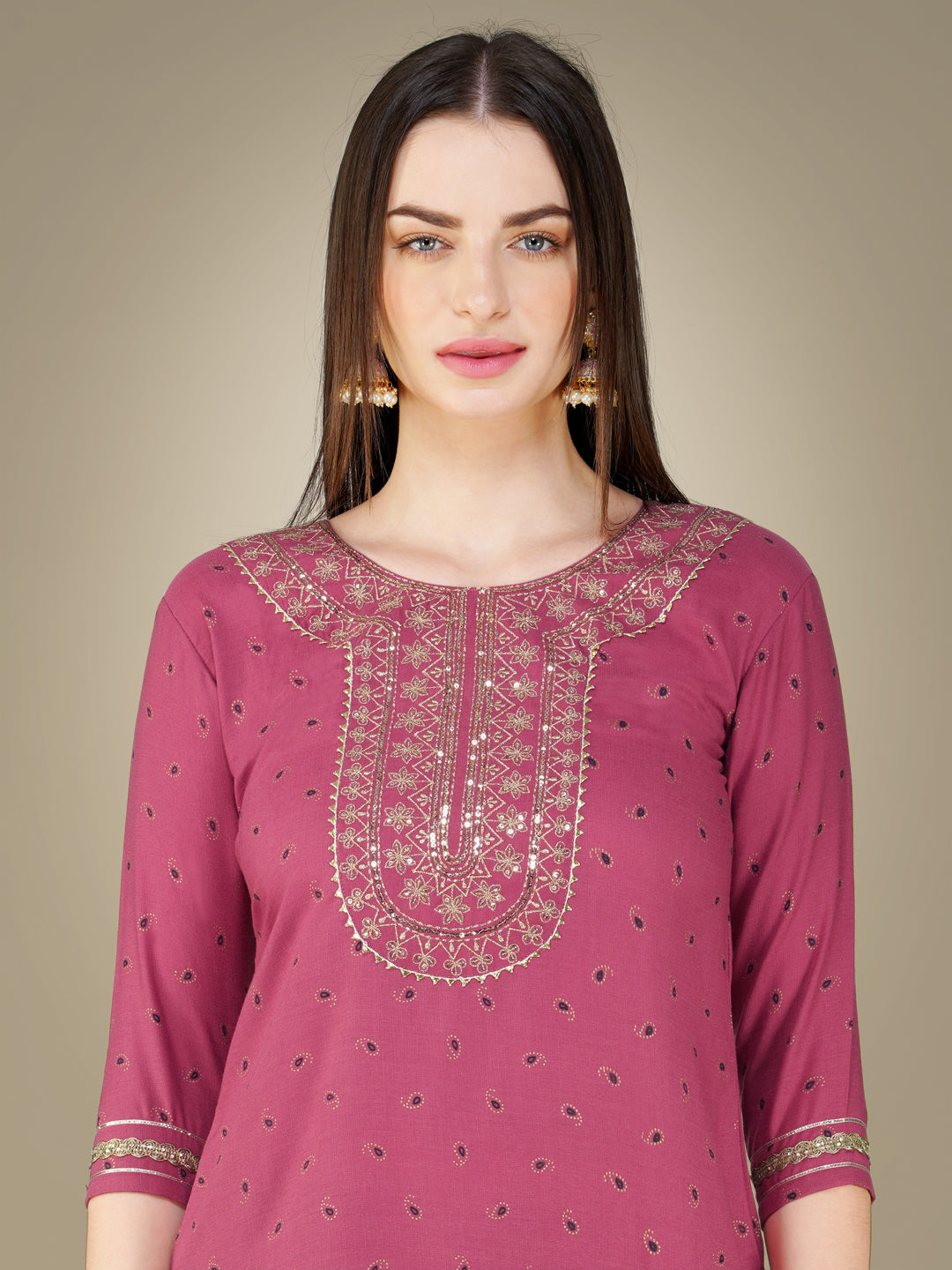 Wine Cotton Magic Slub Kurta Set With Embroidery & Sequence Work