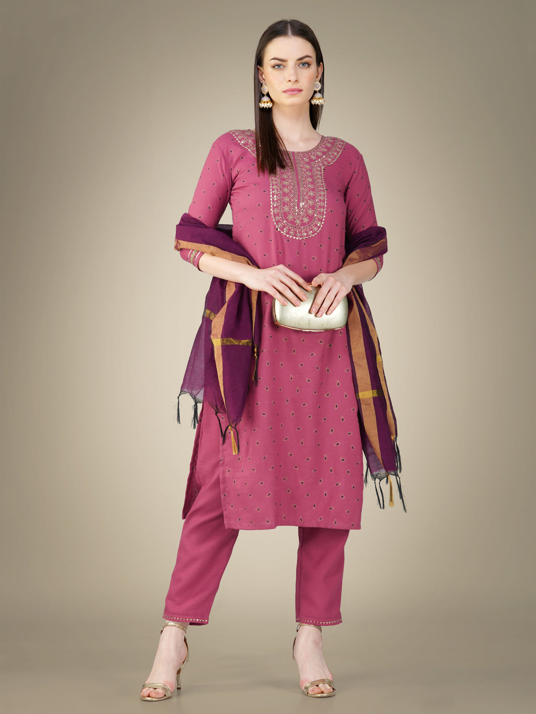 Wine Cotton Magic Slub Kurta Set With Embroidery & Sequence Work