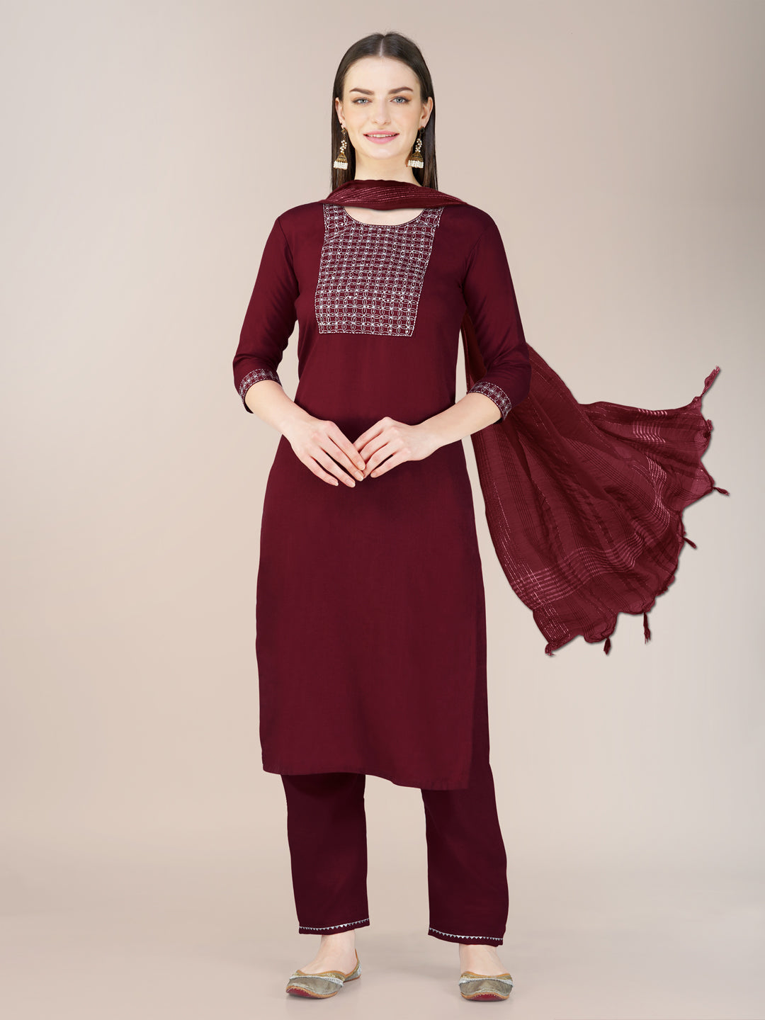 Maroon Cotton Blend Kurta Set With Embroidery & Sequence Work