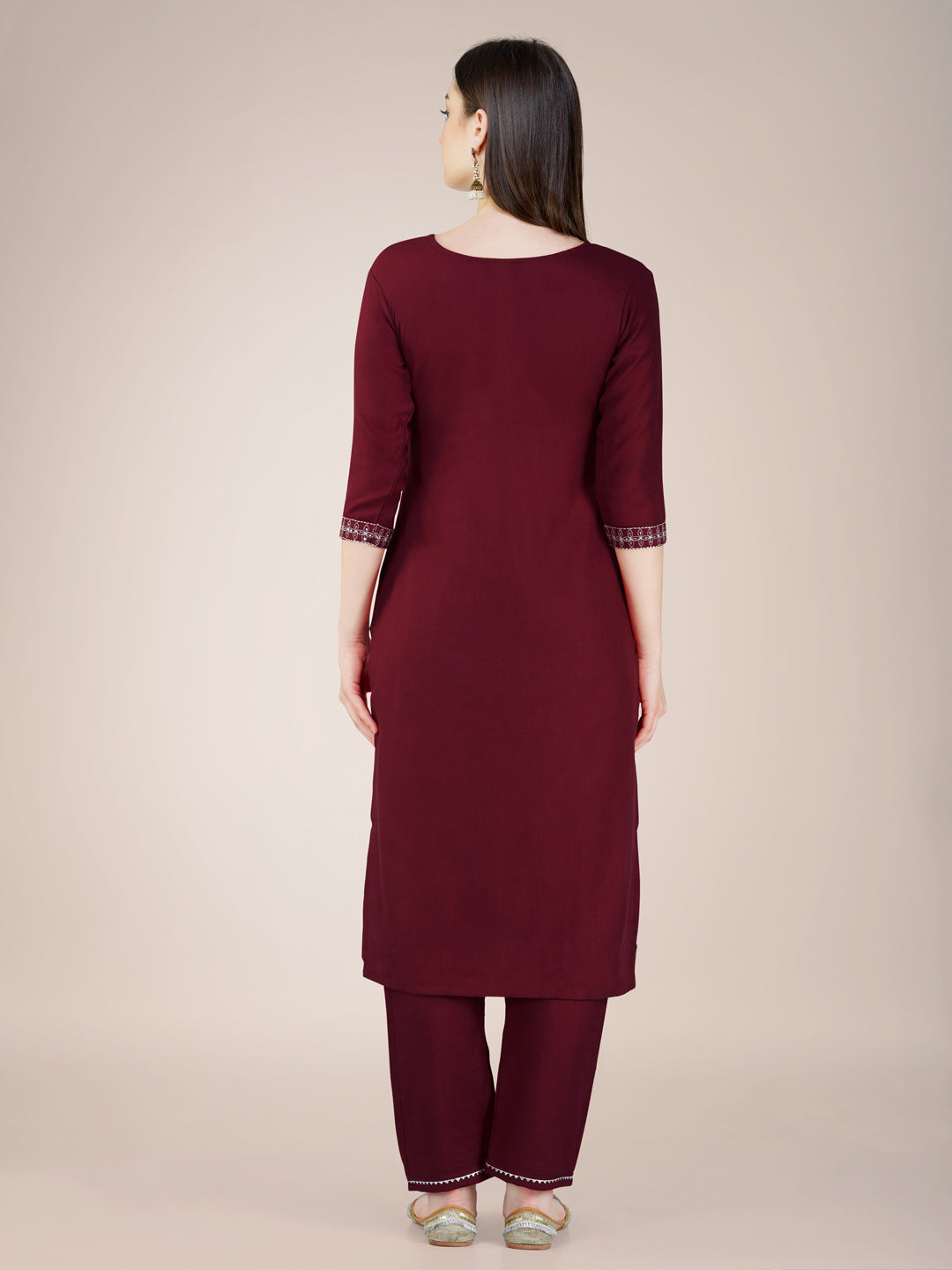 Maroon Cotton Blend Kurta Set With Embroidery & Sequence Work