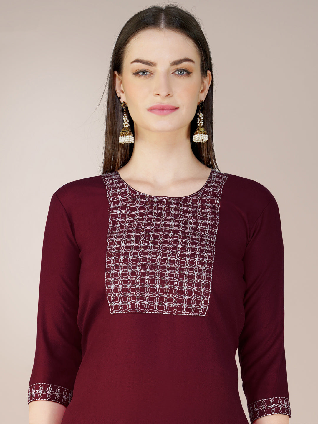 Maroon Cotton Blend Kurta Set With Embroidery & Sequence Work