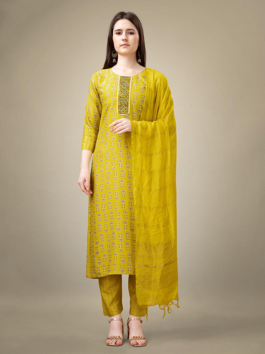 Yellow Rayon Print Kurta Set With Embroidery & Fancy Lace Work