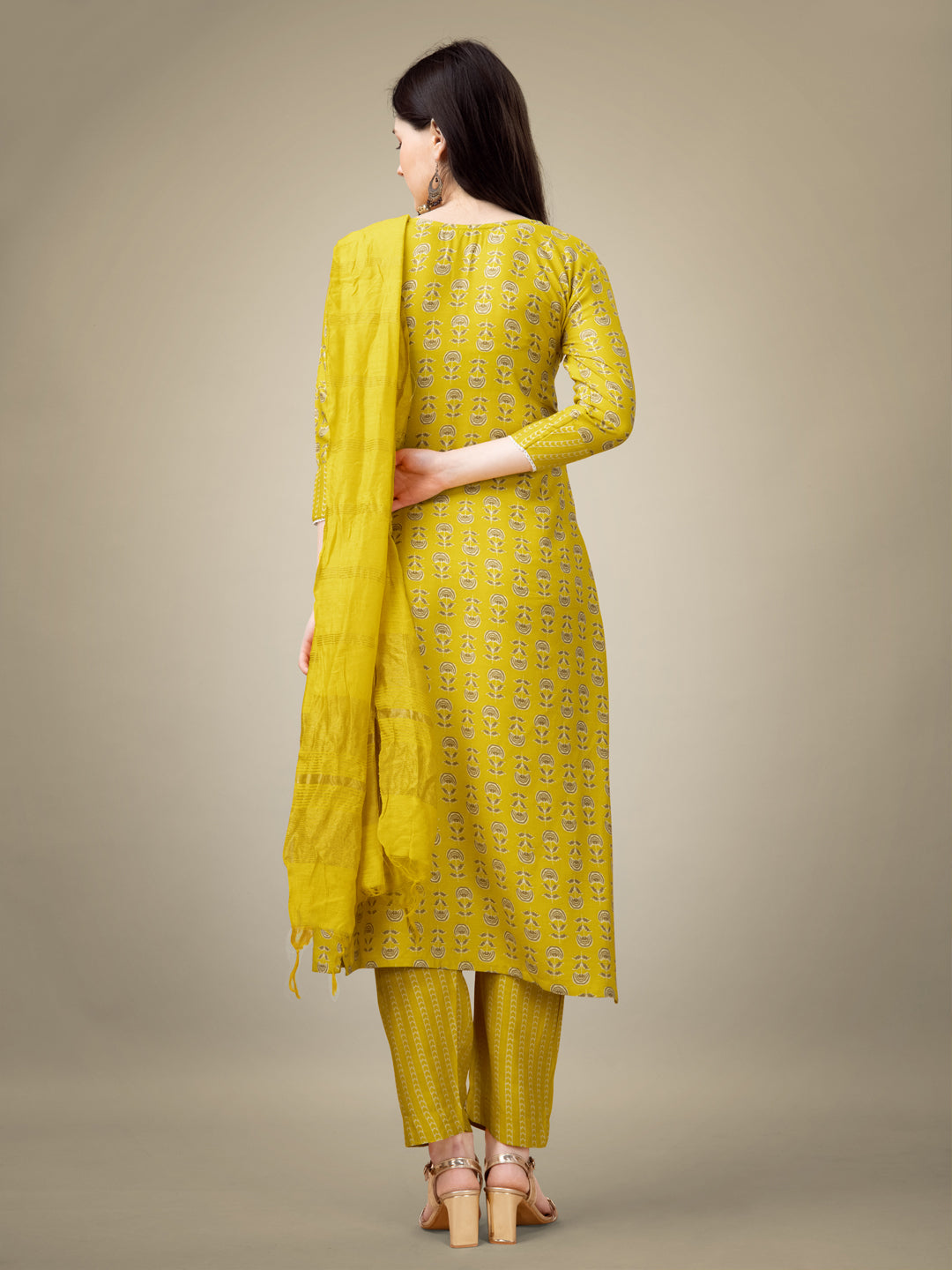 Yellow Rayon Print Kurta Set With Embroidery & Fancy Lace Work