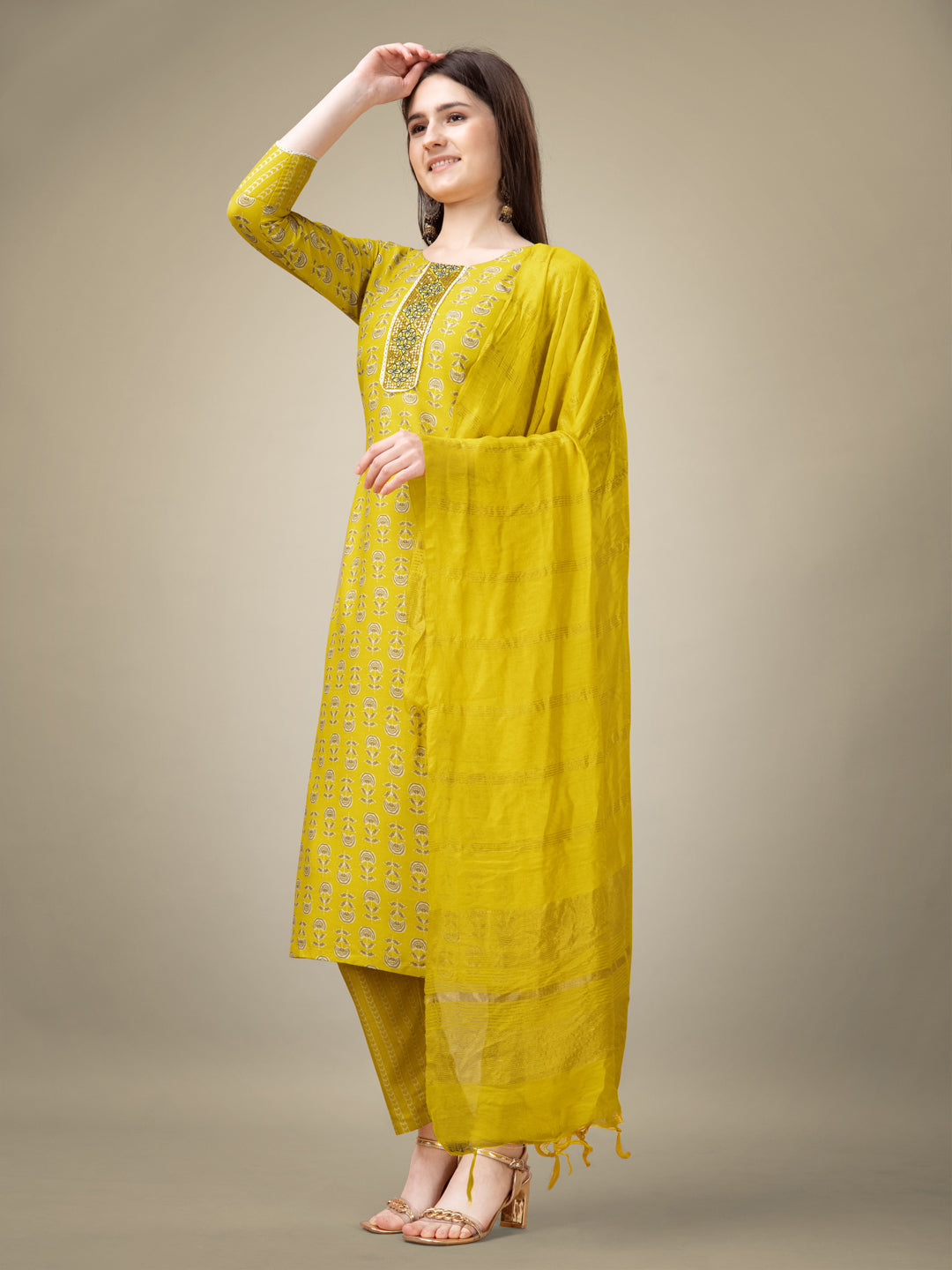 Yellow Rayon Print Kurta Set With Embroidery & Fancy Lace Work