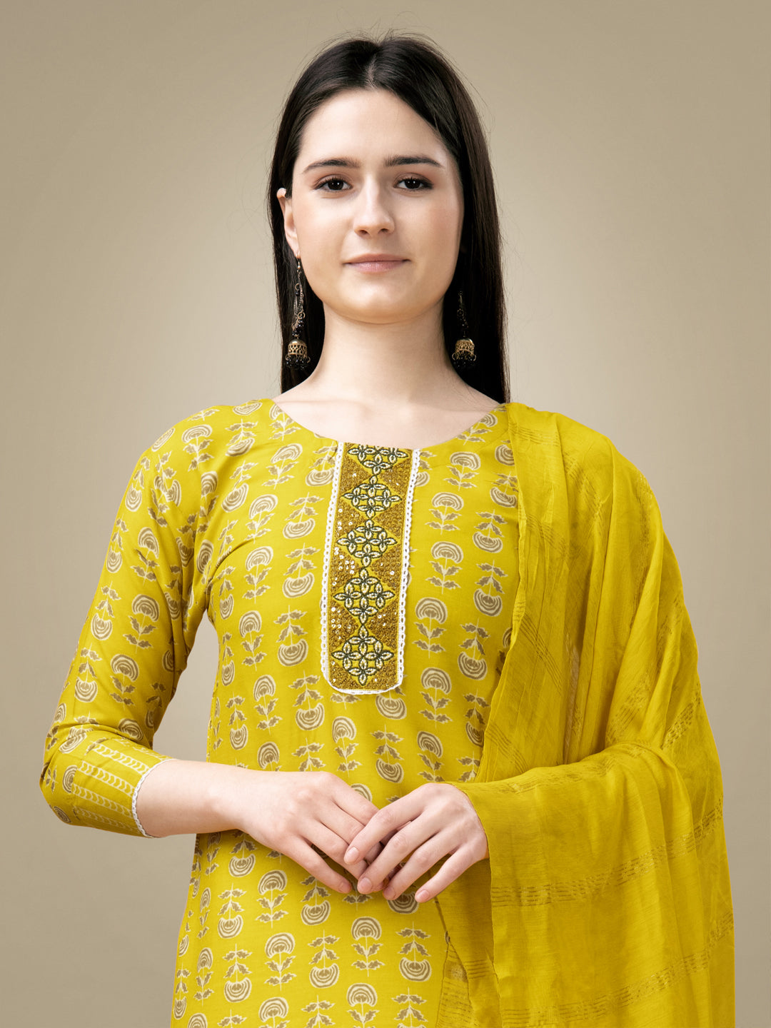 Yellow Rayon Print Kurta Set With Embroidery & Fancy Lace Work