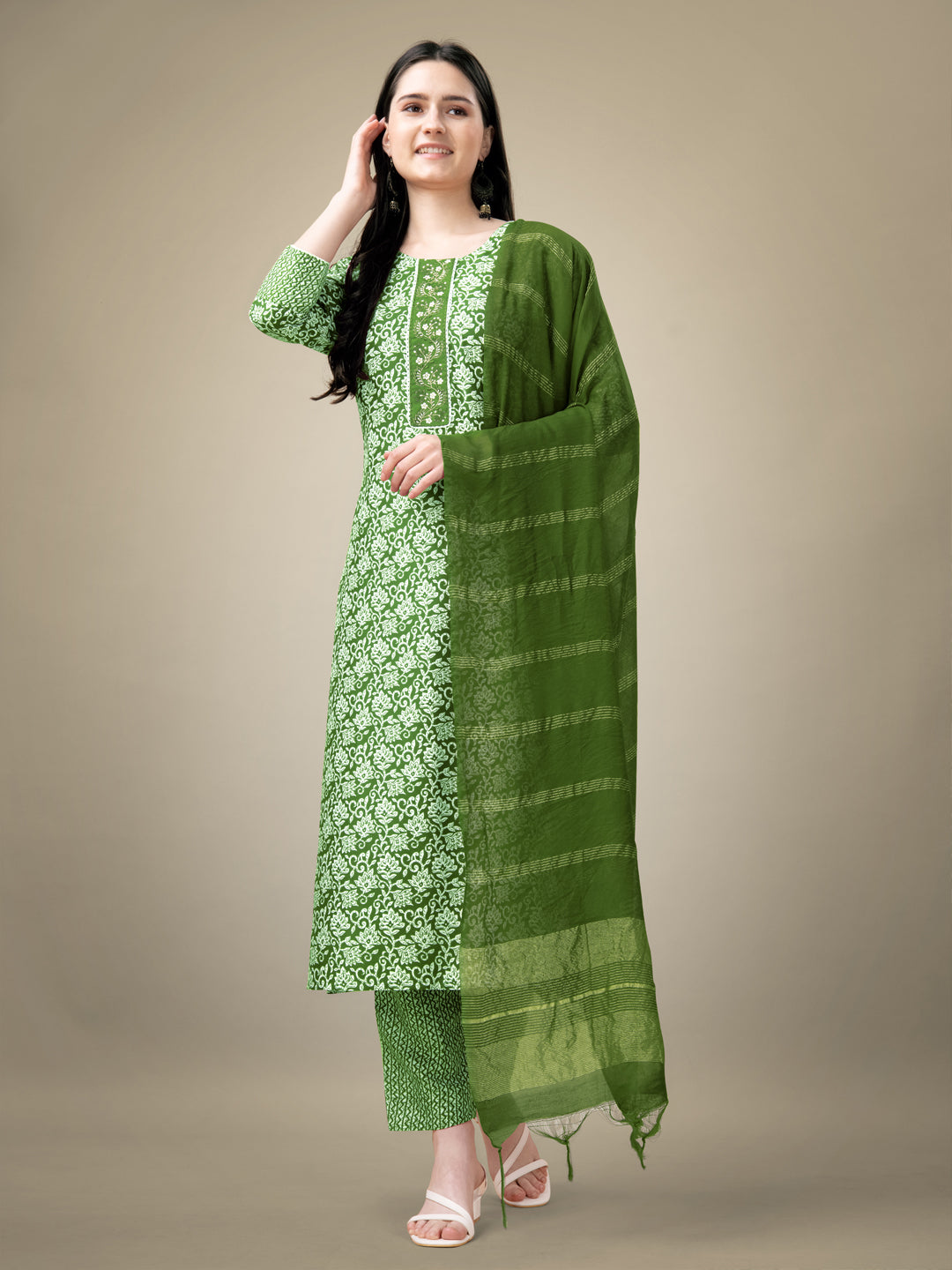 Green Rayon Print Kurta Set With Embroidery & Fancy Lace Work