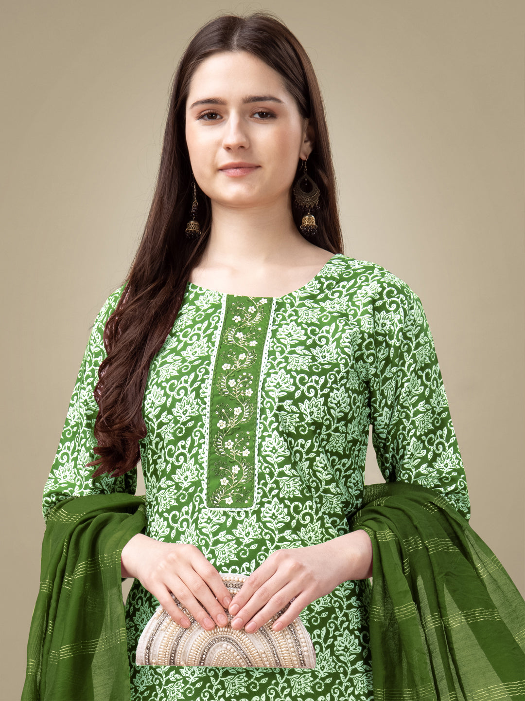 Green Rayon Print Kurta Set With Embroidery & Fancy Lace Work