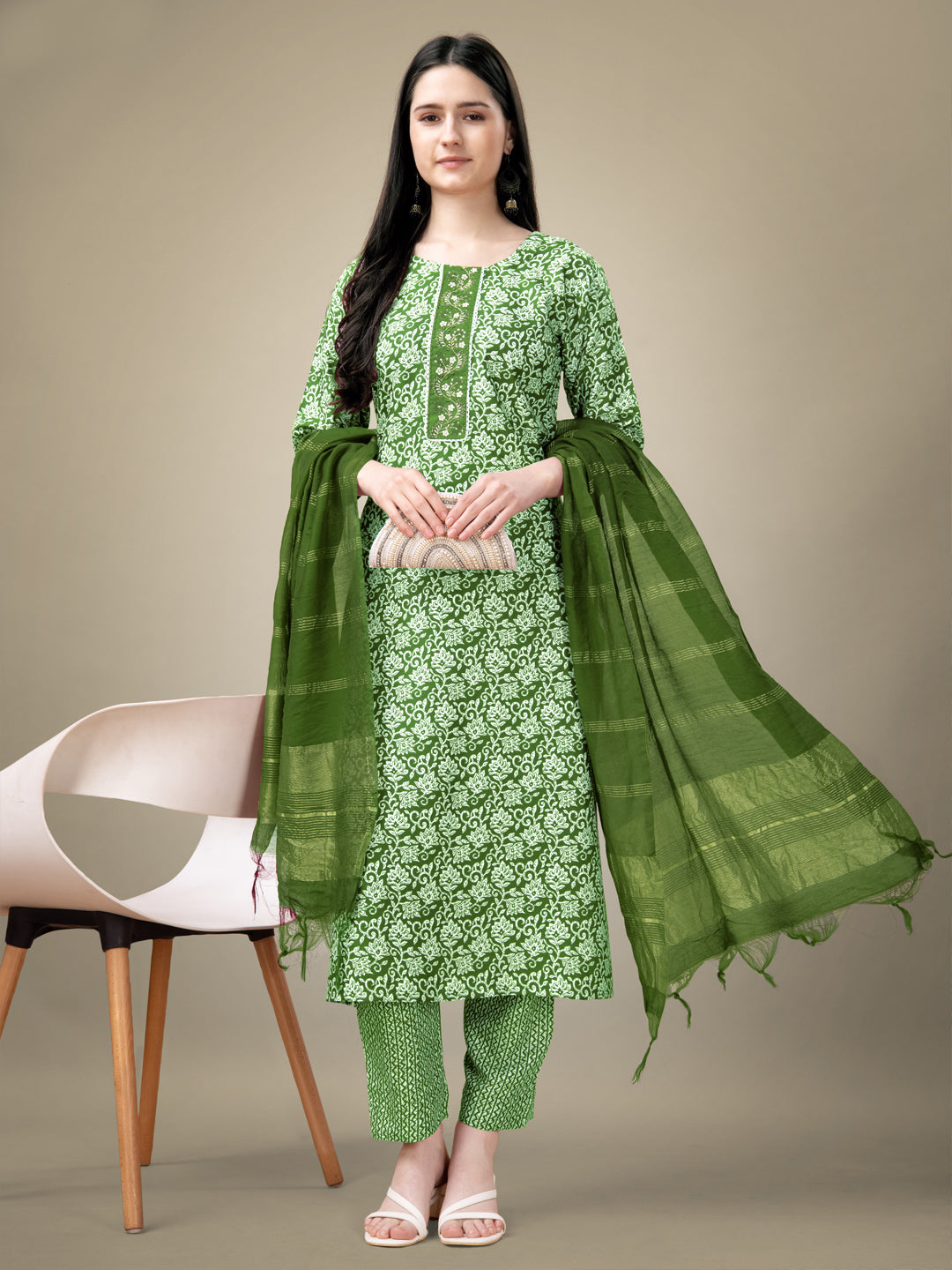 Green Rayon Print Kurta Set With Embroidery & Fancy Lace Work