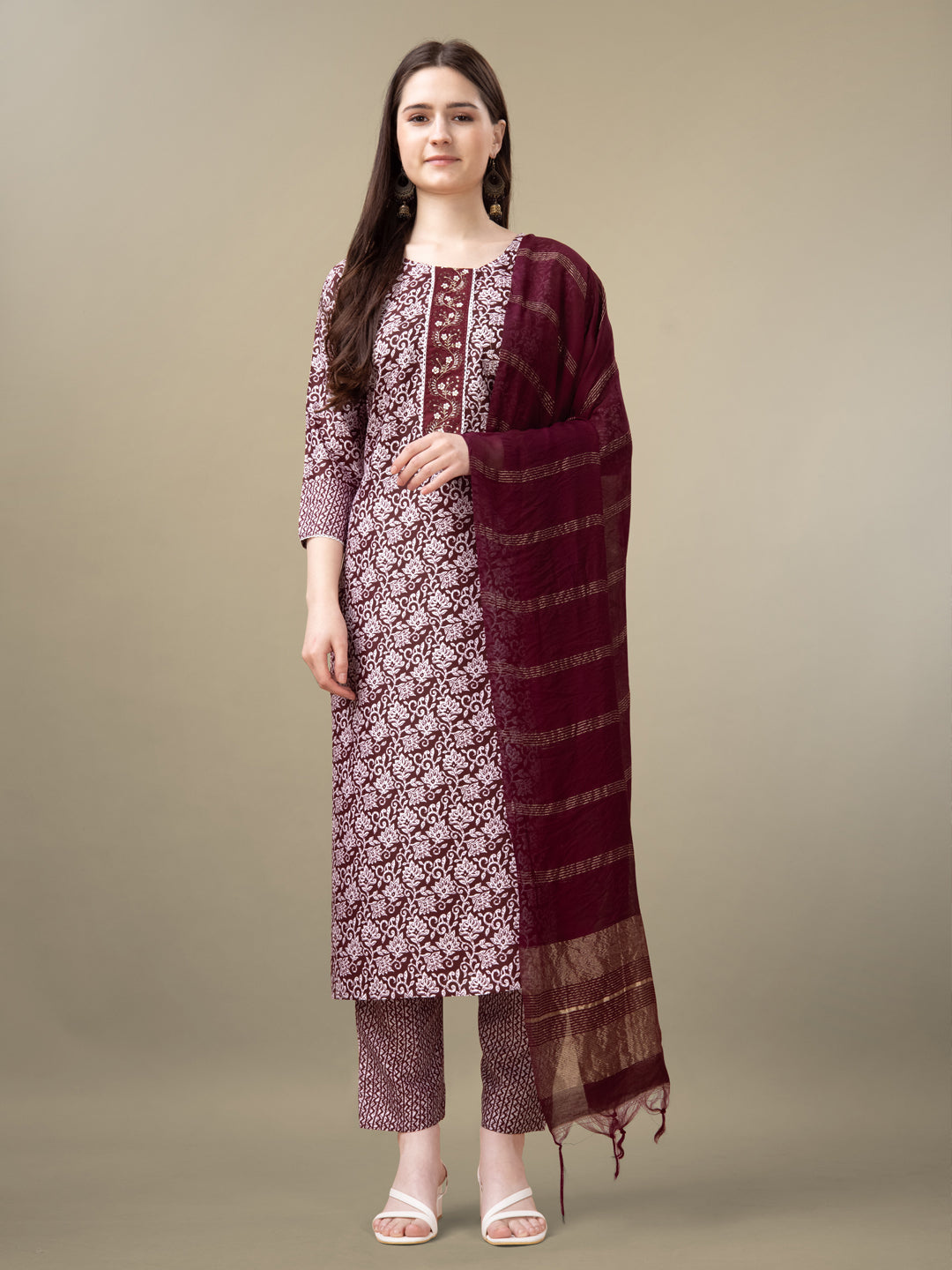 Maroon Rayon Print Kurta Set With Embroidery & Fancy Lace Work