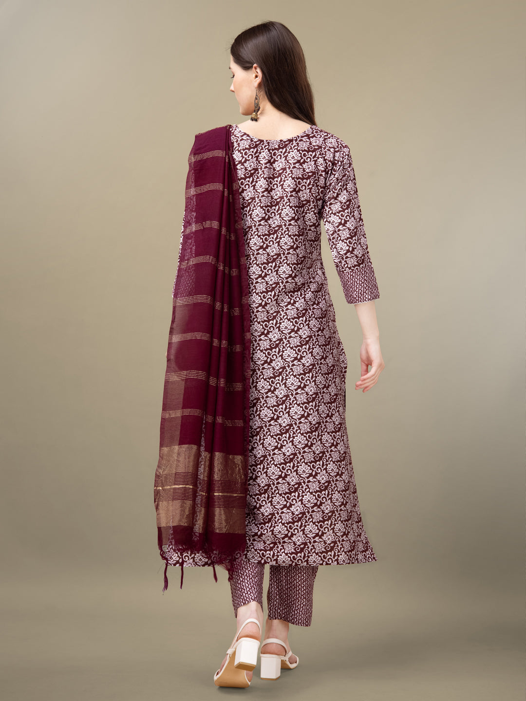 Maroon Rayon Print Kurta Set With Embroidery & Fancy Lace Work