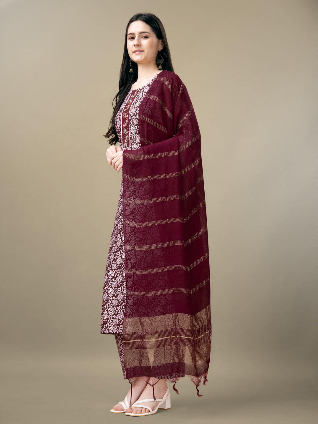 Maroon Rayon Print Kurta Set With Embroidery & Fancy Lace Work