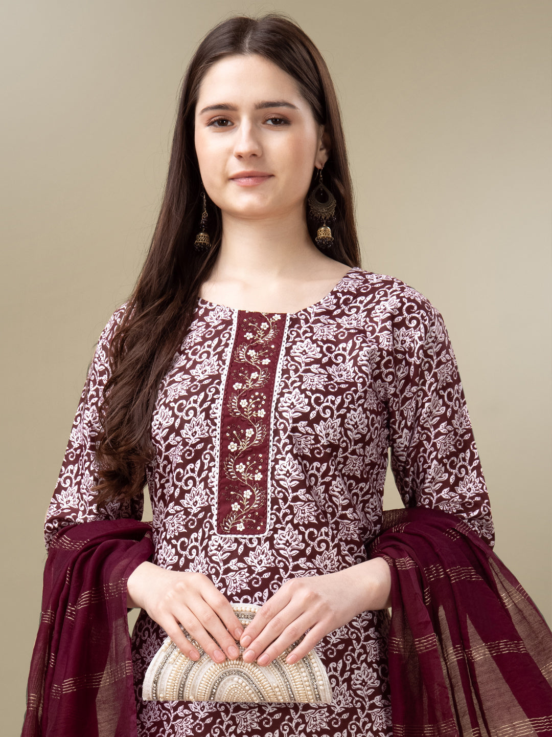 Maroon Rayon Print Kurta Set With Embroidery & Fancy Lace Work