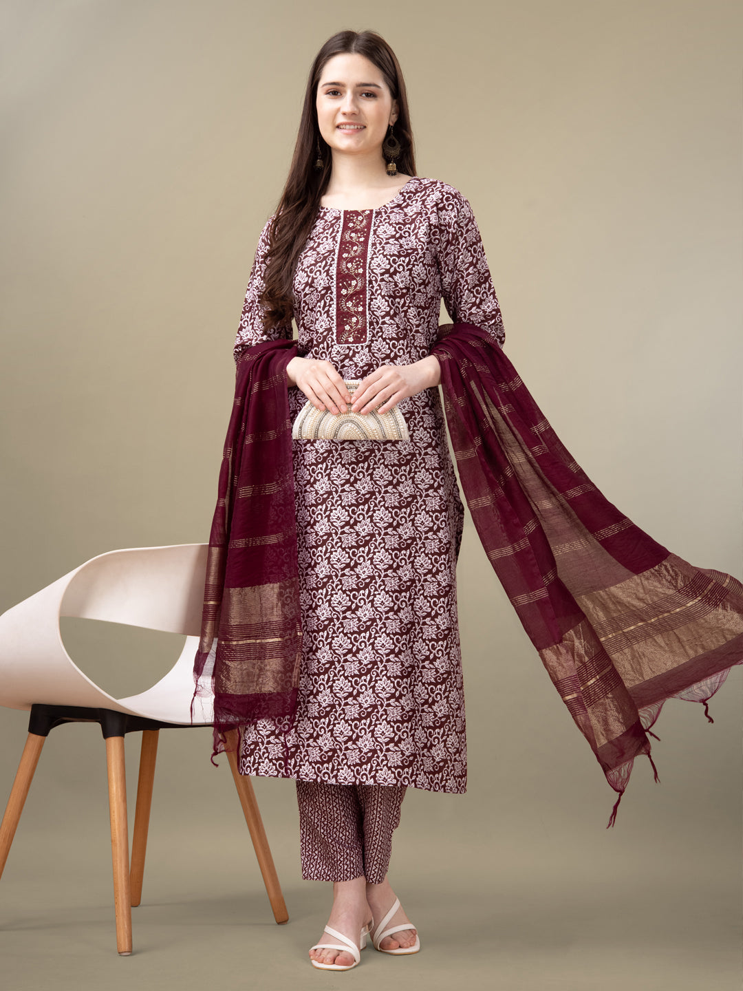 Maroon Rayon Print Kurta Set With Embroidery & Fancy Lace Work