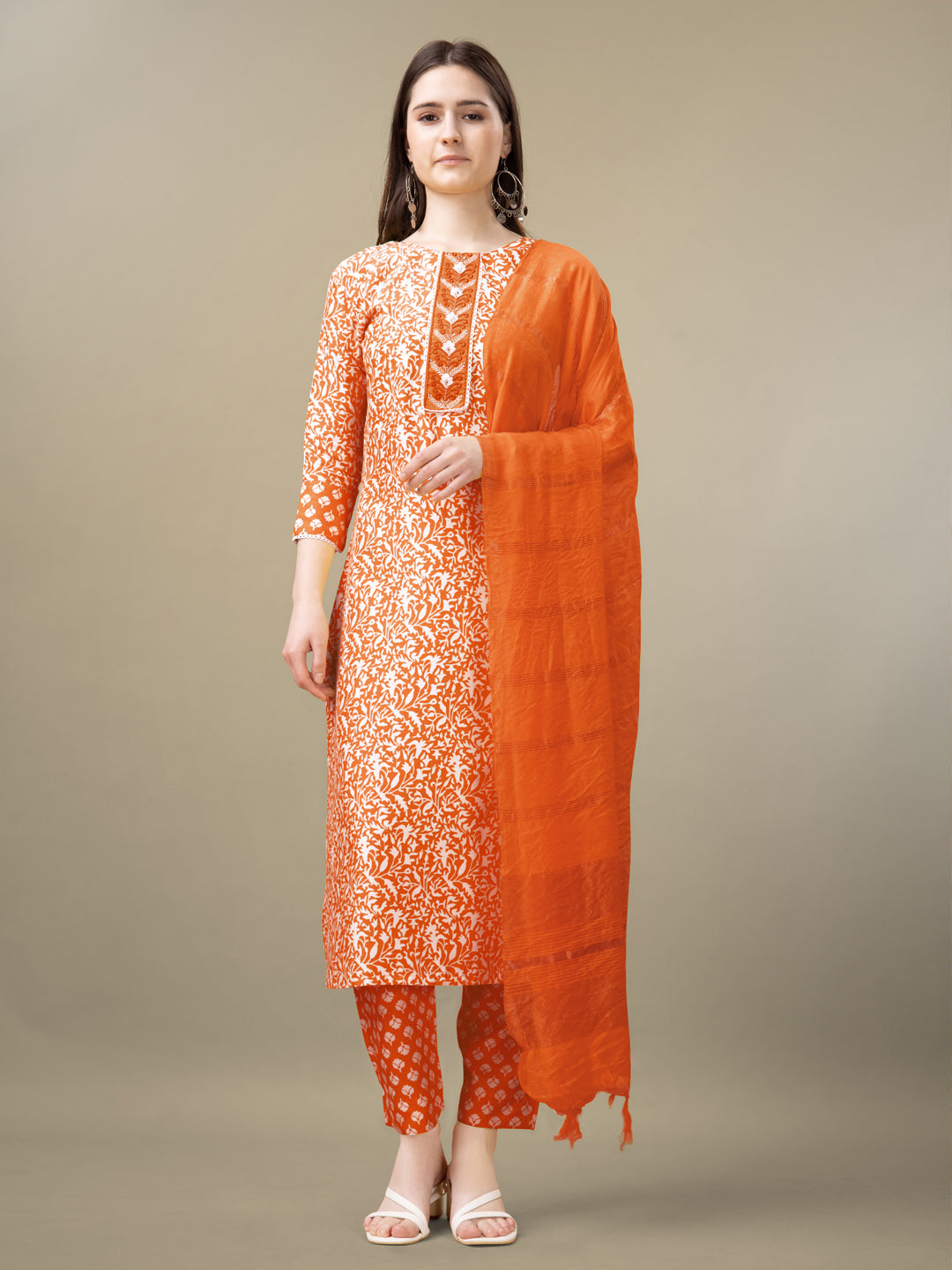 Orange Rayon Print Kurta Set With Embroidery & Fancy Lace Work