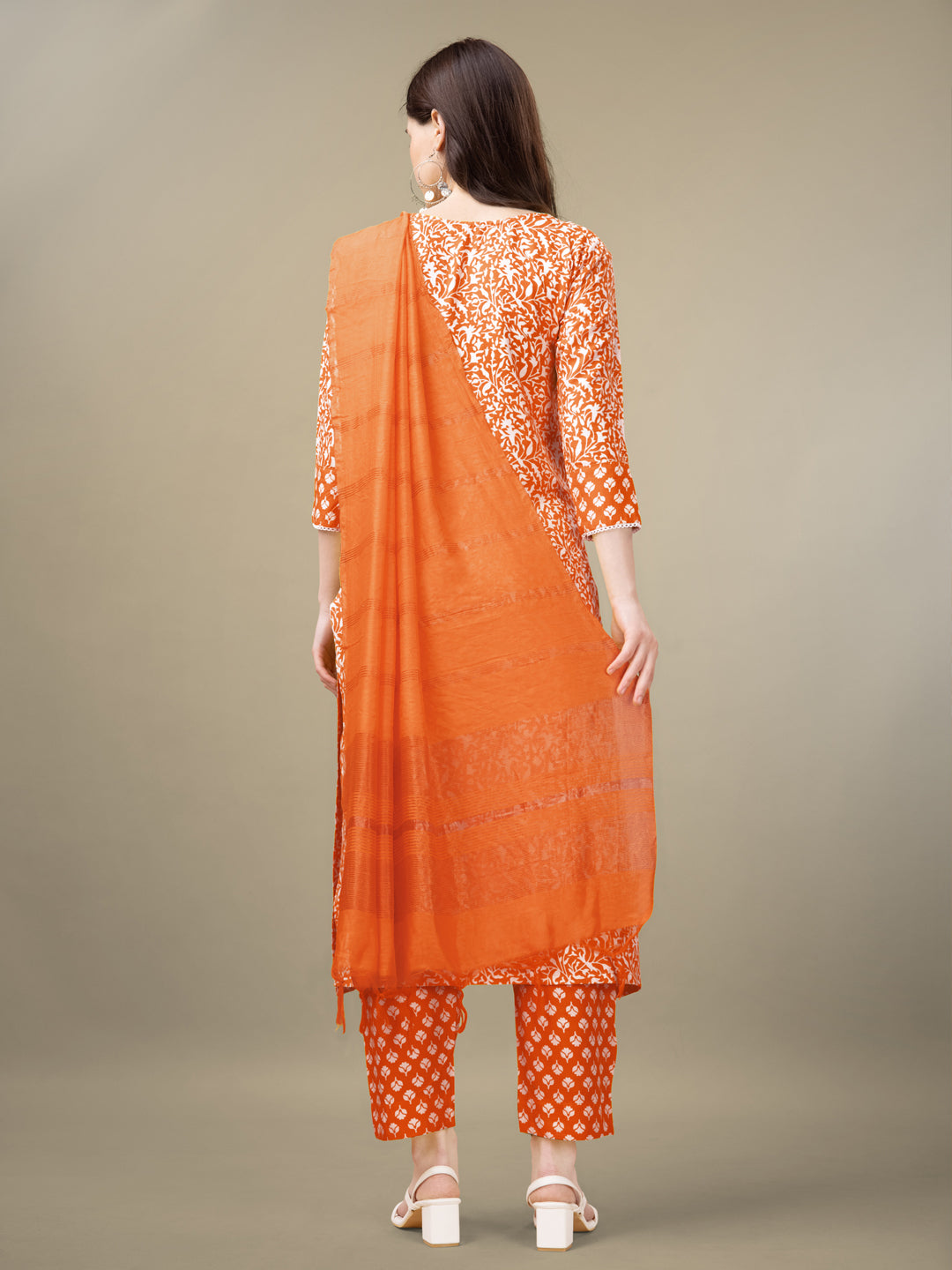 Orange Rayon Print Kurta Set With Embroidery & Fancy Lace Work