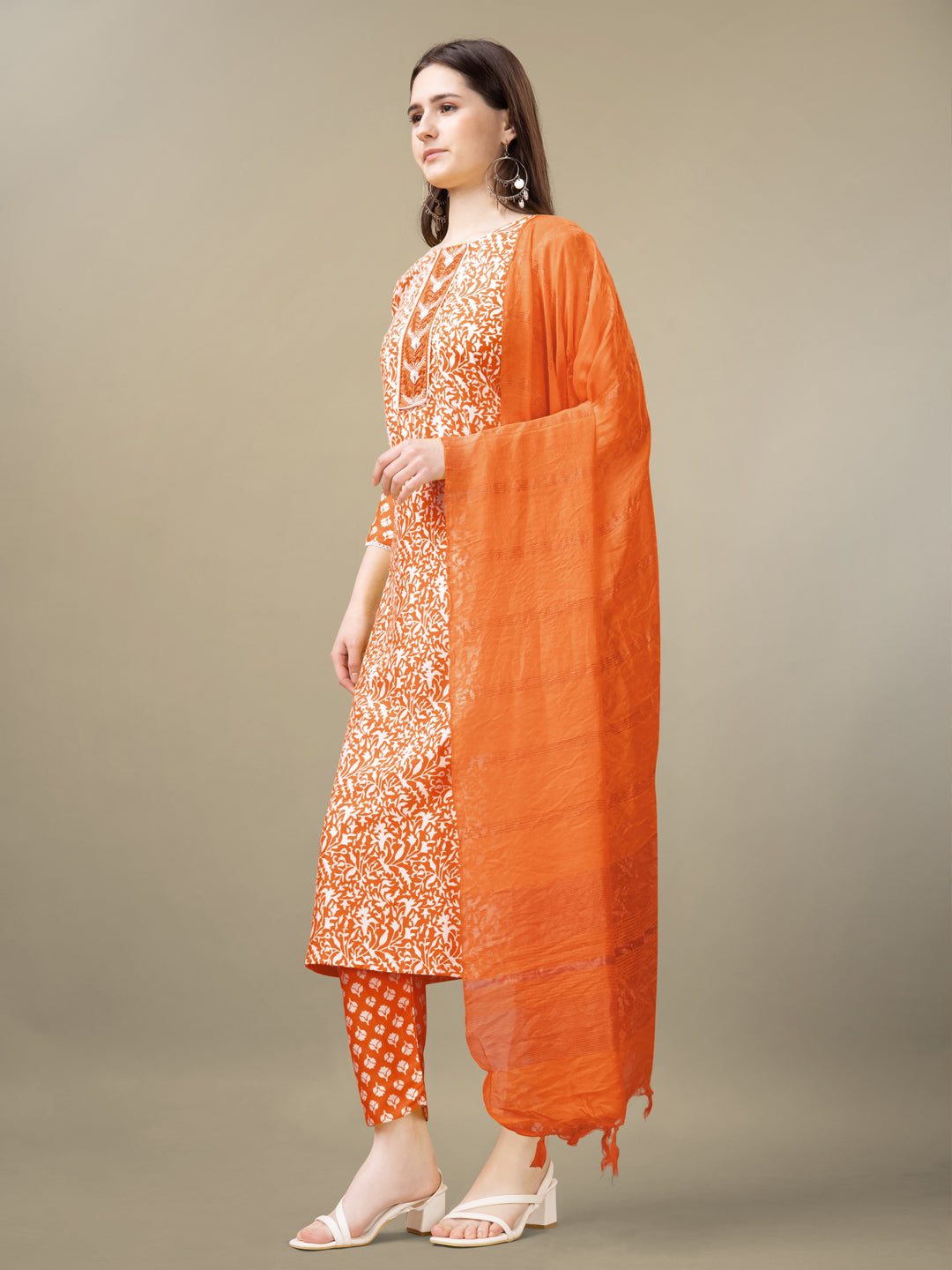 Orange Rayon Print Kurta Set With Embroidery & Fancy Lace Work