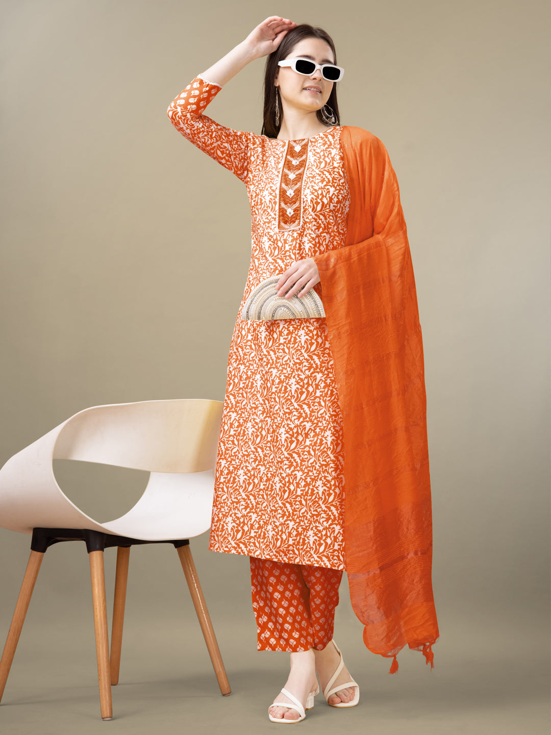 Orange Rayon Print Kurta Set With Embroidery & Fancy Lace Work